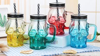 Skull Glass Mason Jar Mug Tumbler Cup With Lids And Straw Skull Face Glass Wide Jar Glasses jar