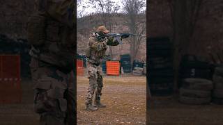 From standing to prone position while shooting with the rifle. Tactical Movement