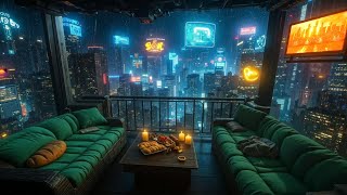 Raindrop Retreat above Cyberpunk City ☔ Rain and Dark Ambient Music ~ Cyberpunk Skyline Refuge