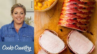 How to Make Bacon-Wrapped Pork Roast with Peach Sauce and Texas Potato Pancakes