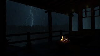 🌧️Balcony Rain Haven⚡Thunderstorms, Soft Rain \u0026 Cozy Fireplace for Deep Sleep \u0026 Ultimate Relaxation🔥