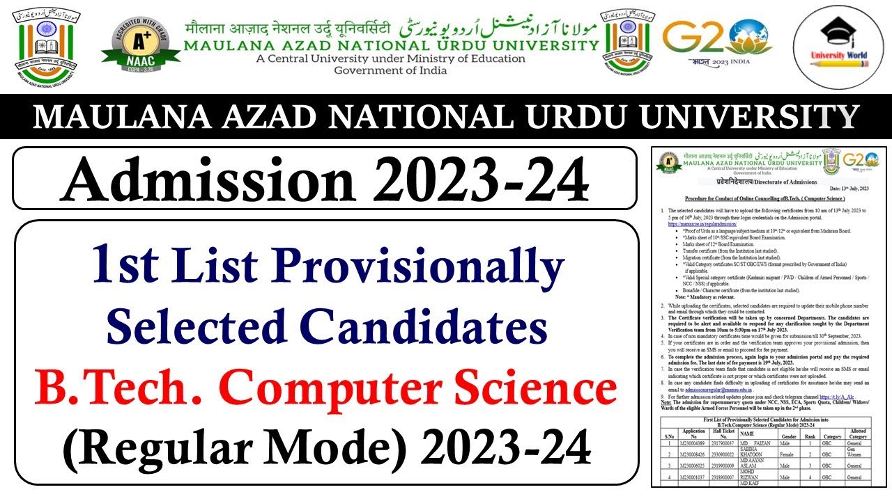 Manuu 1st Selected Candidates List Of B.Tech || Manuu Admission 2023-24 ...