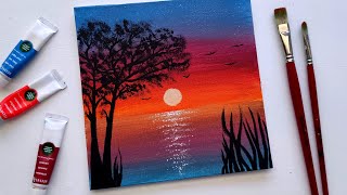 SUNSET ON THE LAKE ACRYLIC PAINTING STEP BY STEP / calm painting for beginners/ pintura al acrilico