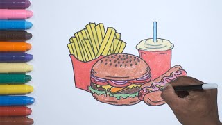 Cara Menggambar dan Mewarnai Burger, Hotdog, Kentang Goreng & Soda | How to Draw Burger for Kids