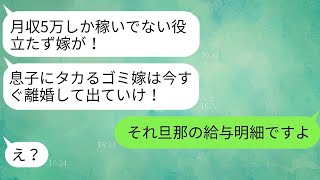 息子の妻の給与情報を無断で確認し、低収入だと決めつけて離婚を促す姑に、「息子に搾取するなよ」と言った。