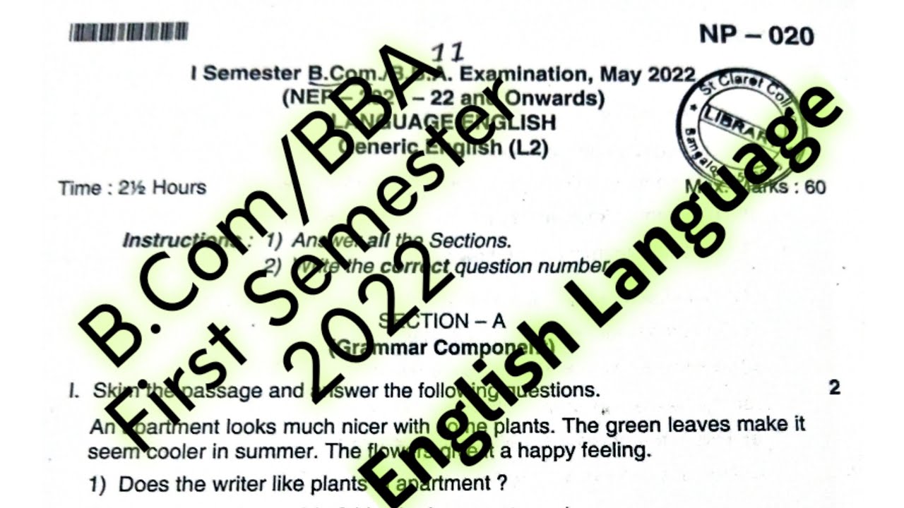 B.Com/BBA 1st Semester English Question Paper 2022 // B.com/BBA First ...