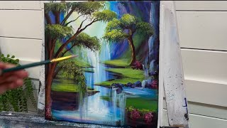 Acrylic Painting Tutorial “Tranquil Falls” step by step for beginners