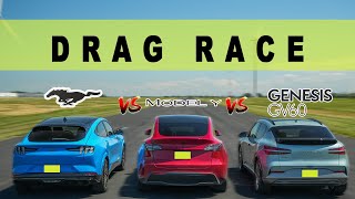 2022 Genesis GV60 vs Tesla Model Y vs Ford Mach-E GT, shocking! Drag and Roll Race.