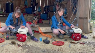 Girl repairs abandoned four-stroke engine