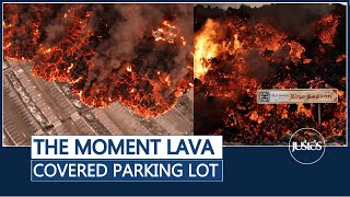 Liquid hot magma: The moment lava completely covered the parking lot at the Blue Lagoon