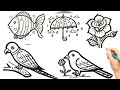 Many Drawing For kids step by step | Drawing for beginners | Fish Umbrella Rose parrot bird easy |