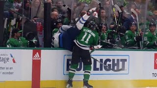 Luke Glendening Hits David Gustafsson Into Dallas Stars Bench