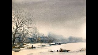 Watercolour Snow Scene with large Hake Brush