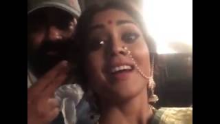 Shriya Saran On Set Of Her Upcoming Movie Doing Fun With Director Krishh