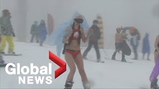 Russian skiers hit the slopes in their bikinis despite bitter winter cold