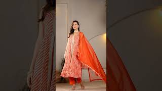 Cotton Leheriya Orange Anarkali Kurta With Pant \u0026 Dupatta (Set of 3)