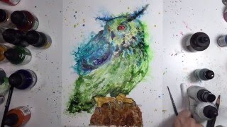 Speed painting an Owl using acrylic and alcohol inks on yupo paper