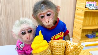 Naughty BiBi helps dad to make Ice cream for baby monkey Obi