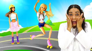 Puppenvideo auf Deutsch. Barbie auf der Rollschuhbahn. Spielzeug Video mit Doktor Aua