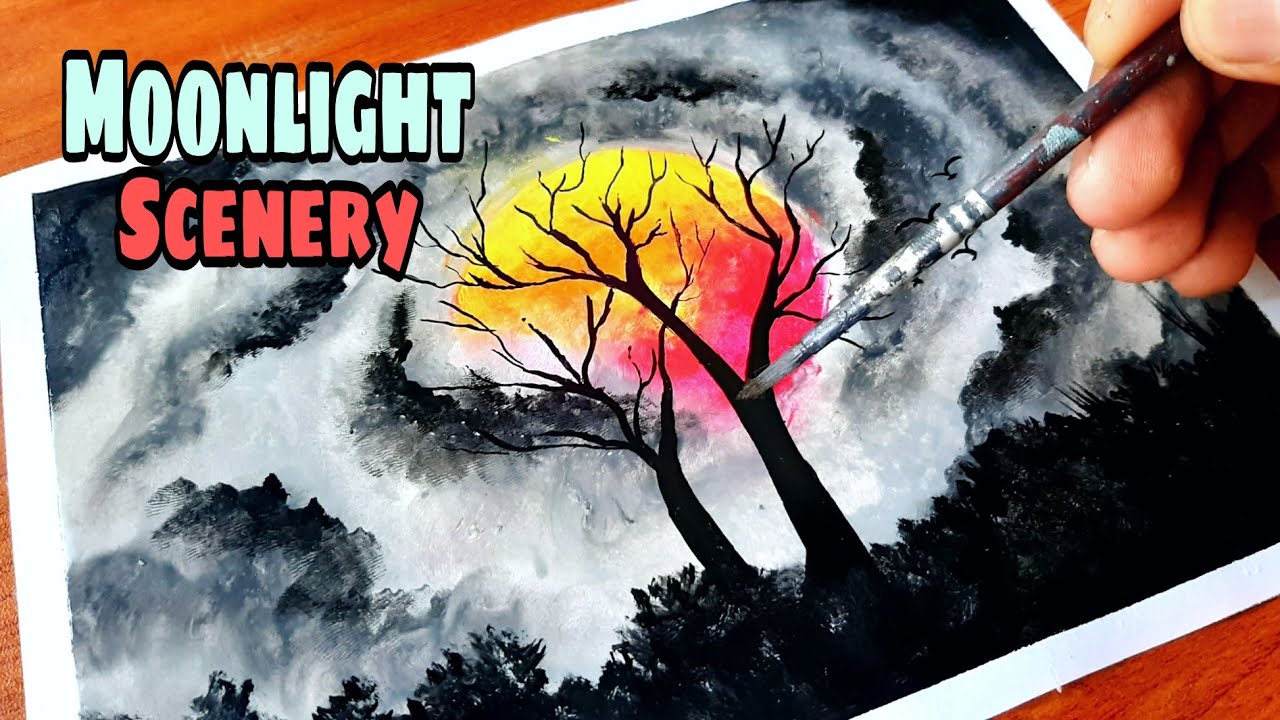 How To Draw Moonlight Scenery | Scenery Drawing With Oil Pastel ...