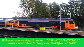 GBRf mini convoy of light locos, 69008 + 66788 + 66303 + 66717, passing West Byfleet on 22/09/23