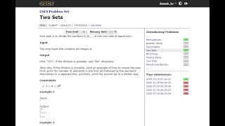 Two Sets CSES Problem Set Question - 9 SOLUTION
