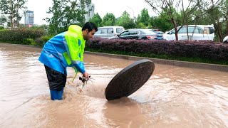 Draining A Flooded Street Clearing Massive Flood Waters