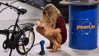 Diana Naborskaia Crouching: Inflating Her Bike Tires in Style!