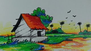 Simple scenery drawing for Kids step by step || Easy Scenery drawing || Landscape || Oilpastel