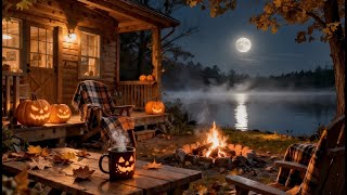 Relaxing Piano Jazz & Fireplace Sounds 🎃 Cozy Halloween Porch by the Autumn Lake for Calm & Sleep