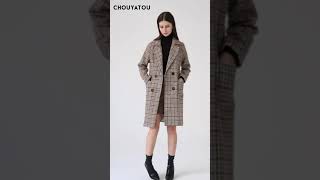 chouyatou Women Elegant Notched Collar Double Breasted Wool Blend Over coat