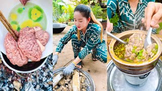 Country Style Yummy Cow Brain Soup Cook and Eat - Cooking with Sros