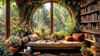 Spring Morning Sofa and 4K Bookshelf Next to Window Full of Flowers, Singing Birds, Falling Leaves