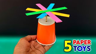 5 Awesome Paper Toys | how to make paper flying helicopter , boomerang | simple Paper rubberband toy