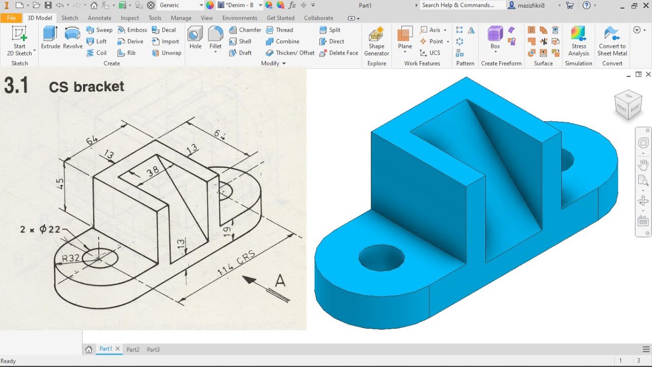 Autodesk Inventor Tutorial | LATIHAN 1 CS BRACKET - YouTube