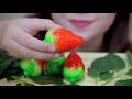 asmr strawberry shaped mung bean cake soft crunchy eating sounds linh asmr