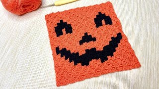 How to Crochet the C2C cup coaster with a Halloween pumpkin face.