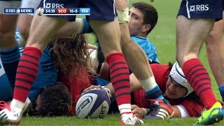 Referee George Clancy takes a tumble, Scotland v Italy, 28th Feb 2015