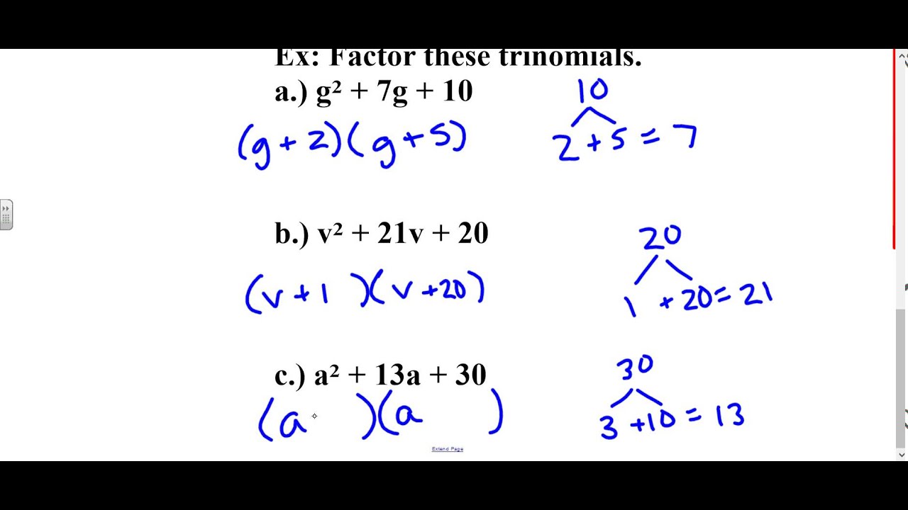 Algebra Lesson 7.5- Factoring Trinomials In The Form X^2 + Bx + C - YouTube