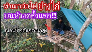 ทำเตาก่อไฟบนห้างย่างไก่ลอยฟ้า.!! นอนห้างต้นกระบกสูง make a shelter on the tree ep.92