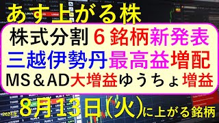 あす上がる株　2024年８月１３日（火）に上がる銘柄。ＭＳ＆ＡＤ、楽天、ゆうちょ銀行、日本郵政、三越伊勢丹、ＳＯＭＰＯ、三菱ＨＣキャピタルの決算～最新の日本株情報。高配当株の株価やデイトレ情報も～