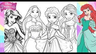 Many Disney Princesses Coloring Book PRINCESS ARIEL ELSA RAPUNZEL POCAHONTAS Together - With Markers