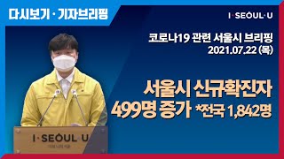 코로나19 관련 서울시 브리핑 - 7월 22일 | 서울시 신규확진자 499명 증가 | 관악구 소재 사우나 서울 8명 추가 확진 | 동대문구 소재 병원 서울 2명 추가 확진