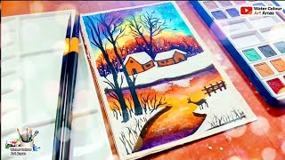 Watercolor painting of evening landscape of river side easy for beginners watercolor tutorial