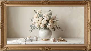 Elegant White Roses 🌸 | Minimal Vase Arrangement Soft Beige Aesthetic Golden Frame TV Wallpaper 4K