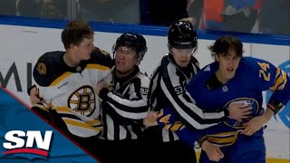 Sabres' Dylan Cozens & Bruins' Trent Frederic Exchange Blows Before Linesmen Interrupt