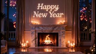 Happy New Year fireplace ambience🎆relaxing NYE fireworks background with calm fire sounds