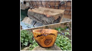 Woodturning gnarly and cracked old piece of cherry firewood turned into beautiful grain bowl