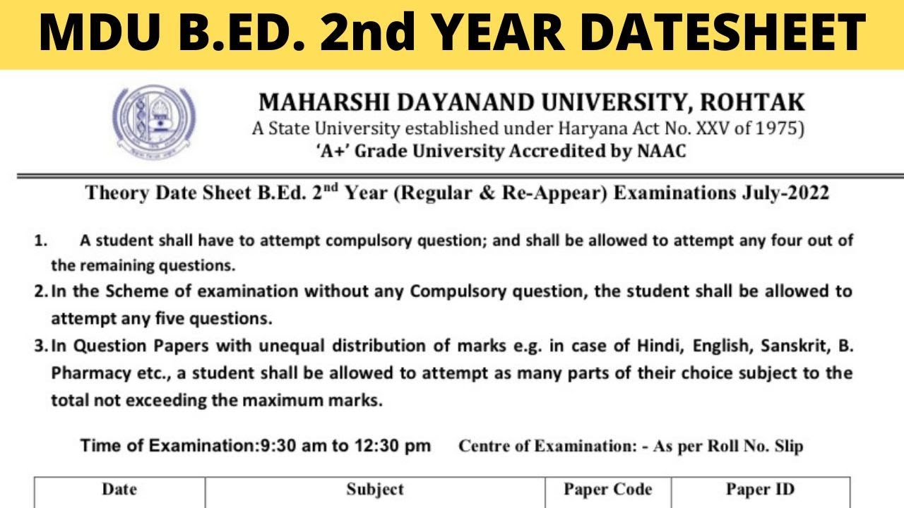 MDU B.ED. 2nd Year Exams Date-sheet 2022 Declared - YouTube