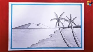 How to Draw SEA BEACH scenery || Scenery art with Pencil | Easy scenery Drawing for Beginners